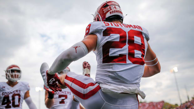 Sep 16, 2023; Tulsa, Oklahoma, USA; Oklahoma s Danny Stutsman (28) celebrates after intercepting a pass and scoring a touchdown during an NCAA football game between University of Oklahoma (OU) and University of Tulsa at Skelly Field at H.A. Chapman Stadium. Mandatory Credit: Nathan J. Fish-USA TODAY Sports